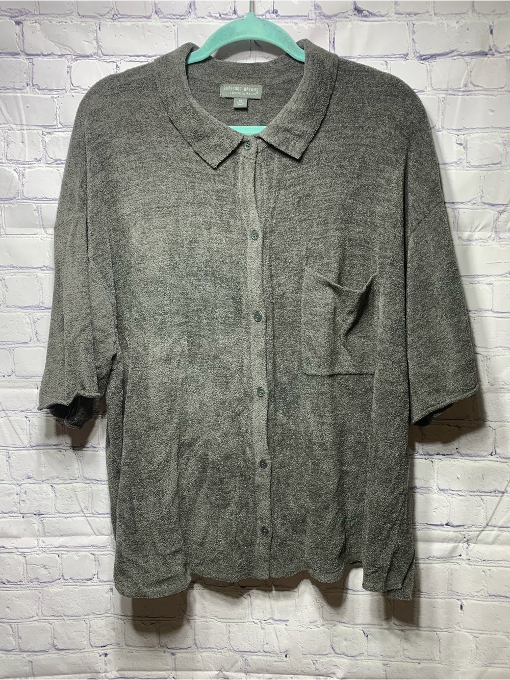 Barefoot Dreams Womens Cozychic Ultra Lite Short Sleeve Button Down Sz 1X Gray